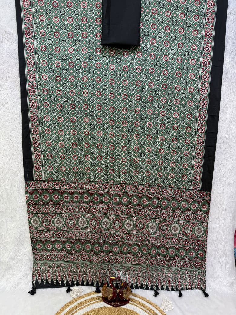Ajrakh Mirror Work Saree with Real Mirror Work - Sage Green