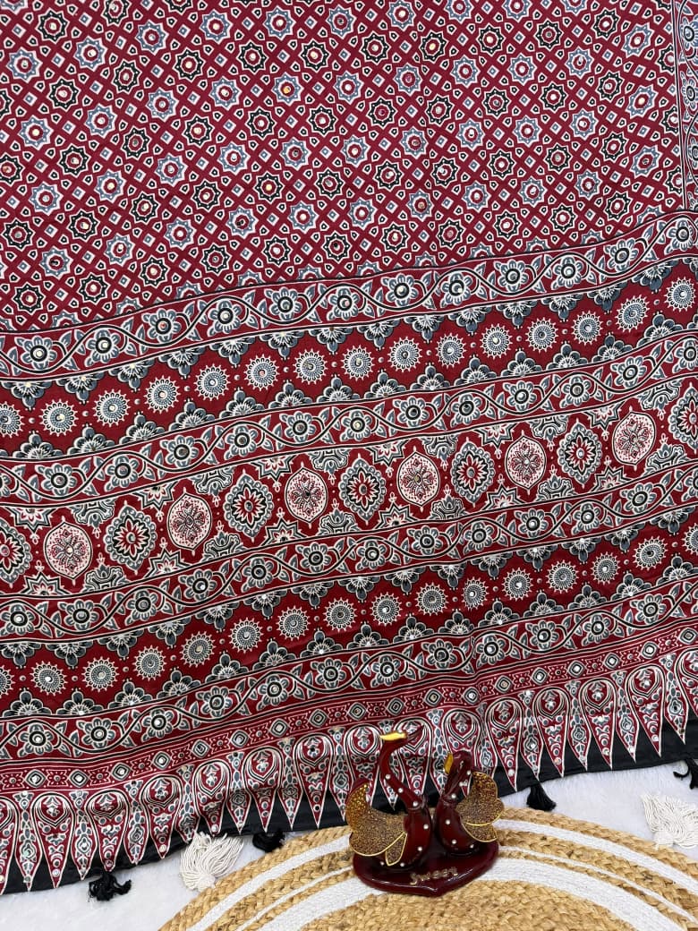Ajrakh Mirror Work Saree with Real Mirror Work