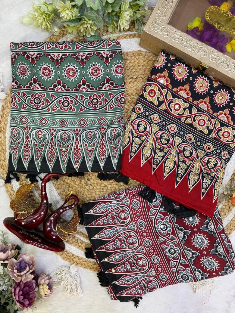 Ajrakh Mirror Work Saree with Real Mirror Work