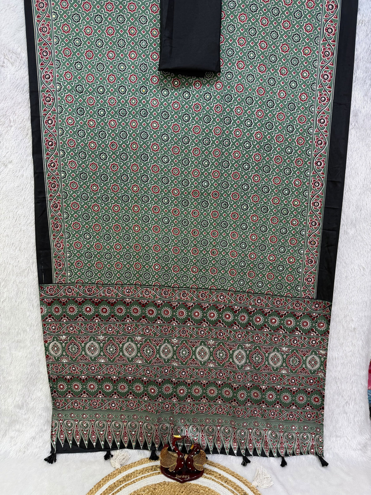 Ajrakh Mirror Work Saree with Real Mirror Work