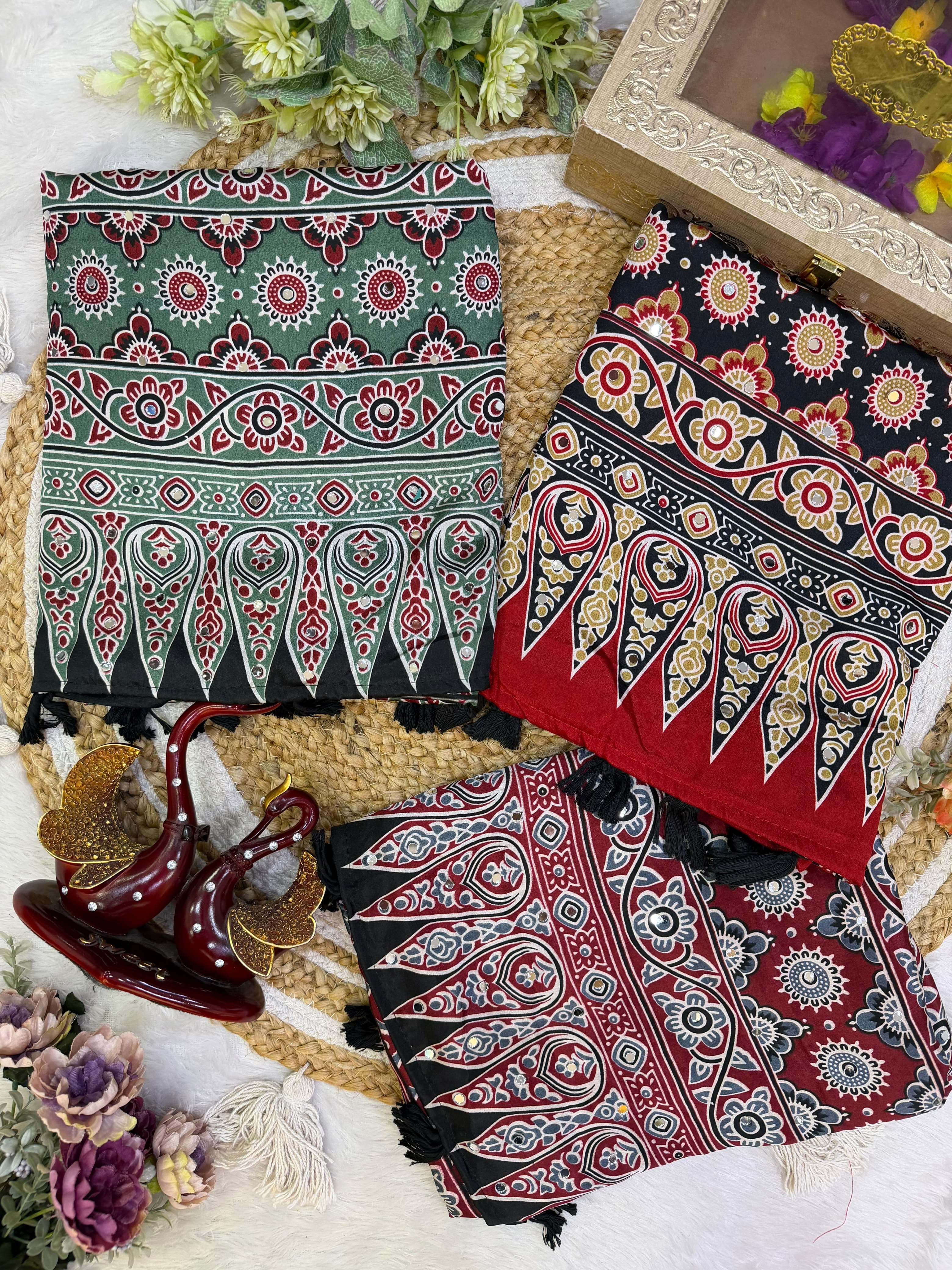 Ajrakh Mirror Work Saree with Real Mirror Work