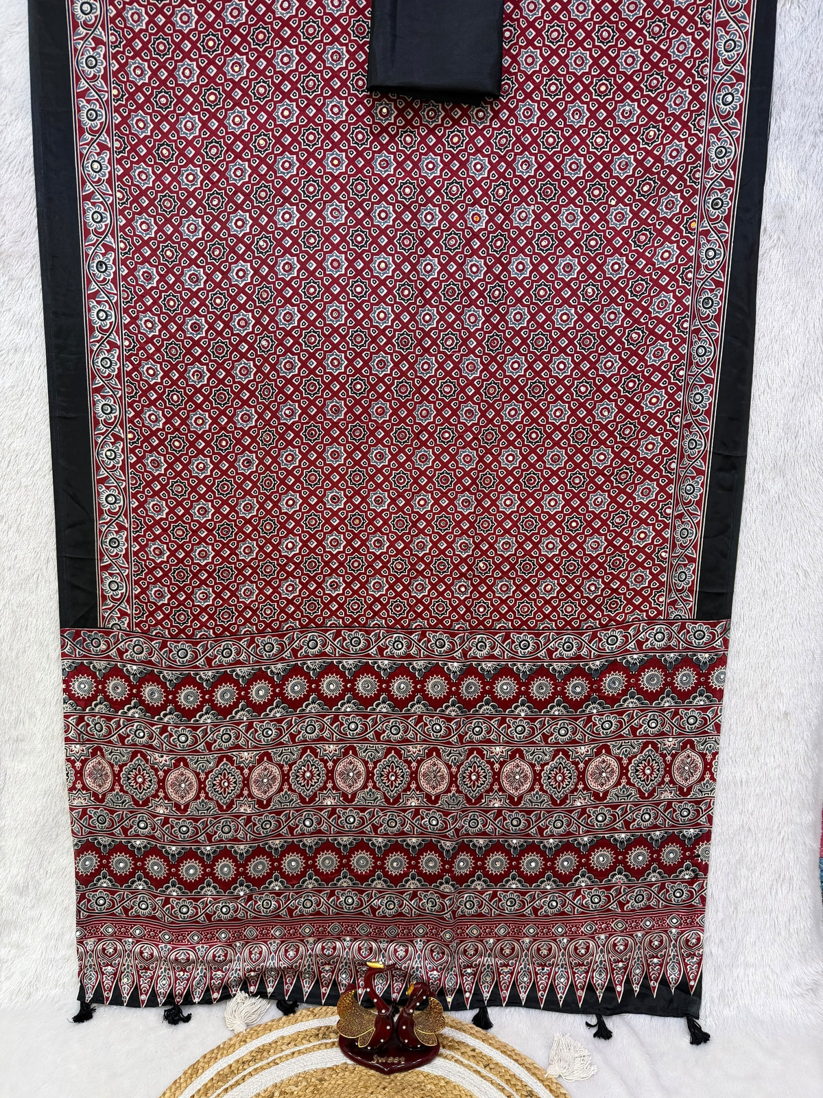 Ajrakh Mirror Work Saree with Real Mirror Work