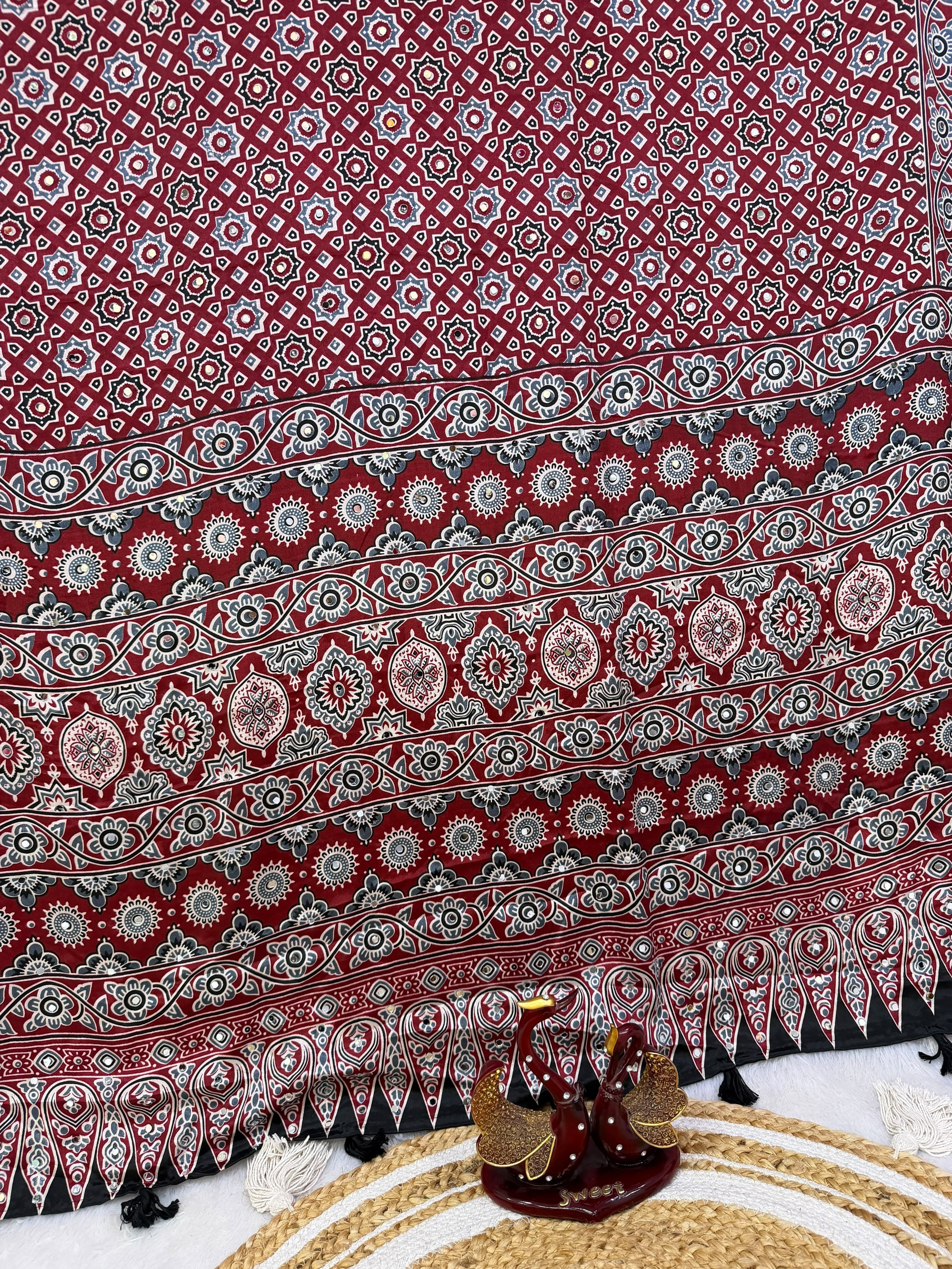 Ajrakh Mirror Work Saree with Real Mirror Work