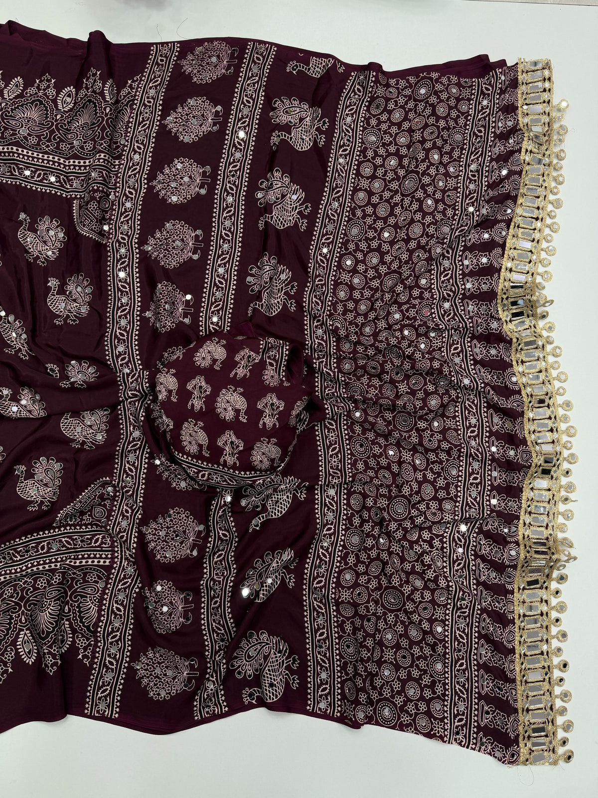 Ajrakh Mirror Saree with Mirror Patta