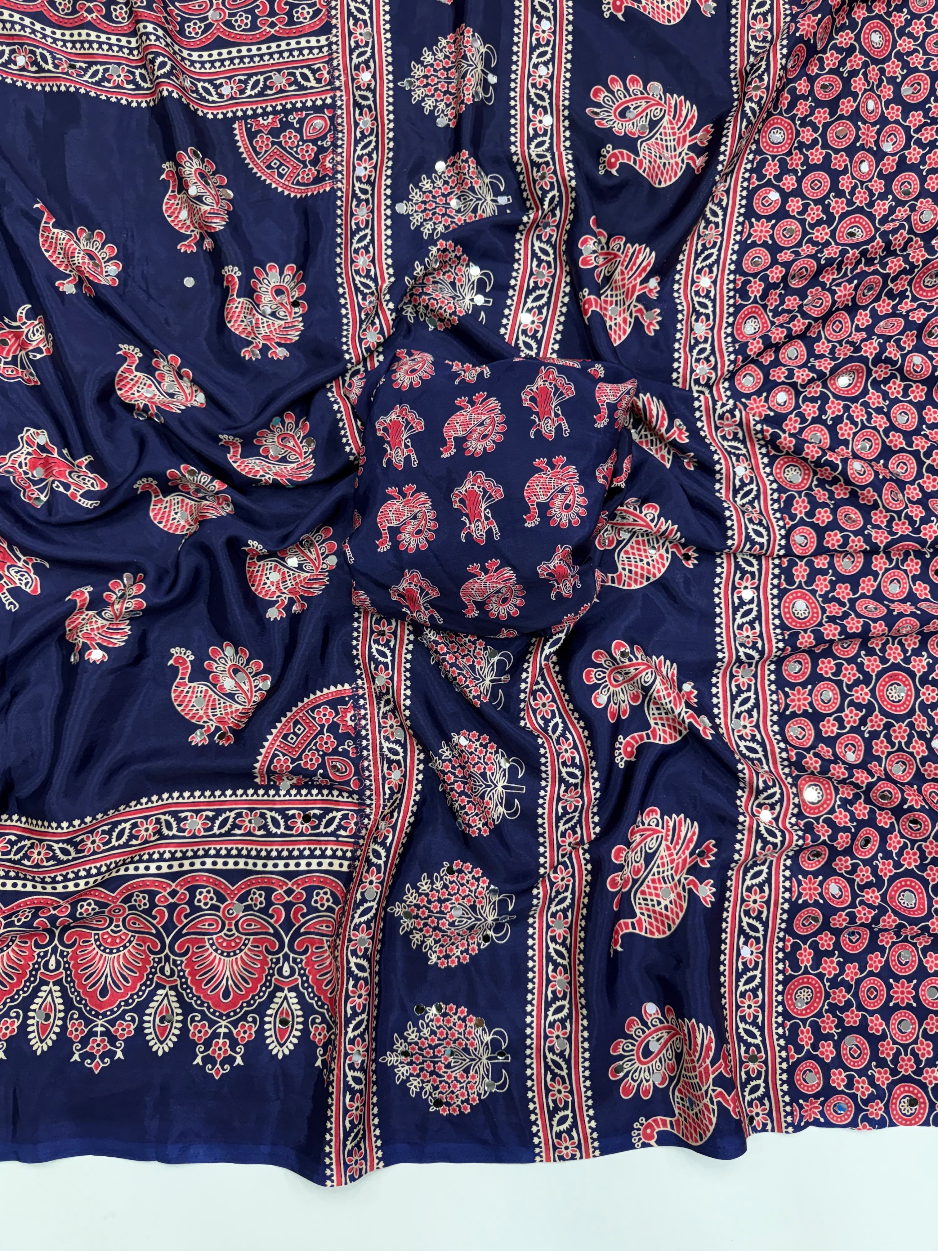 Ajrakh Mirror Saree with Mirror Patta