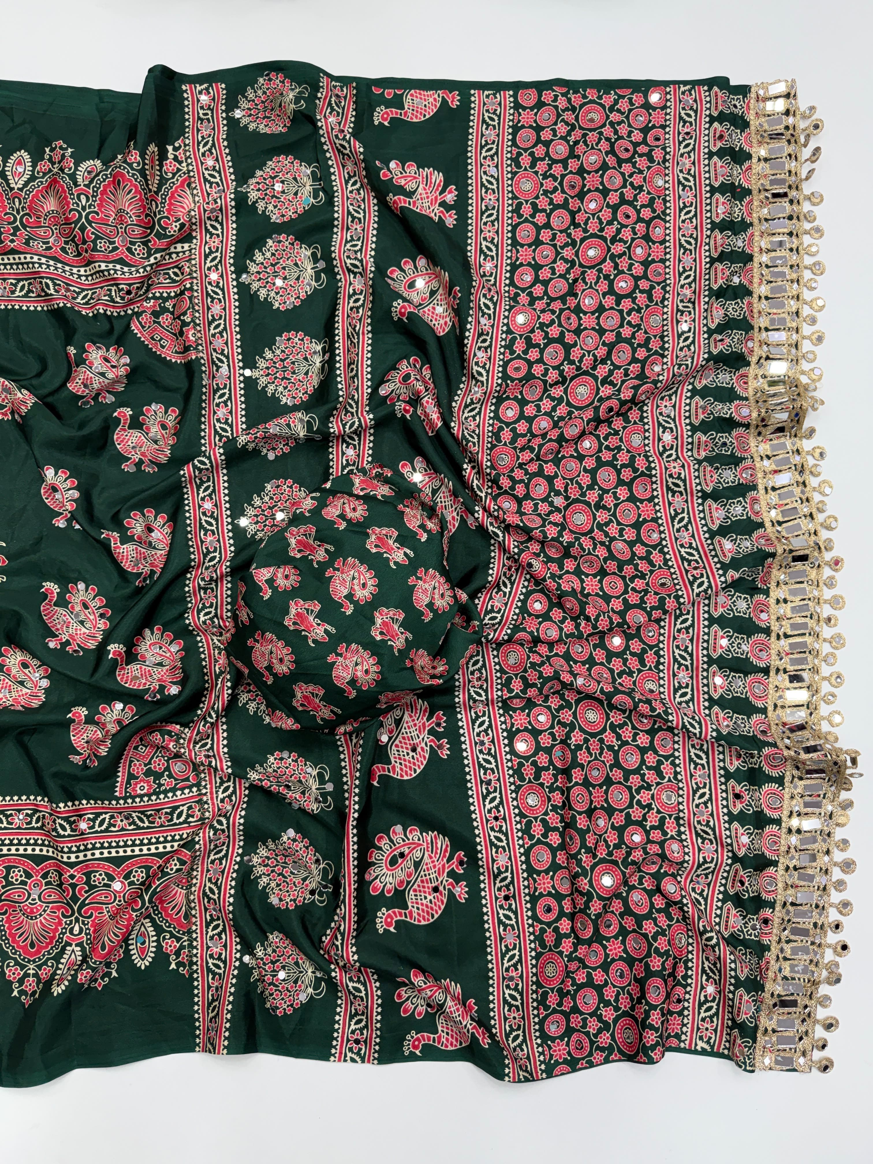 Ajrakh Mirror Saree with Mirror Patta