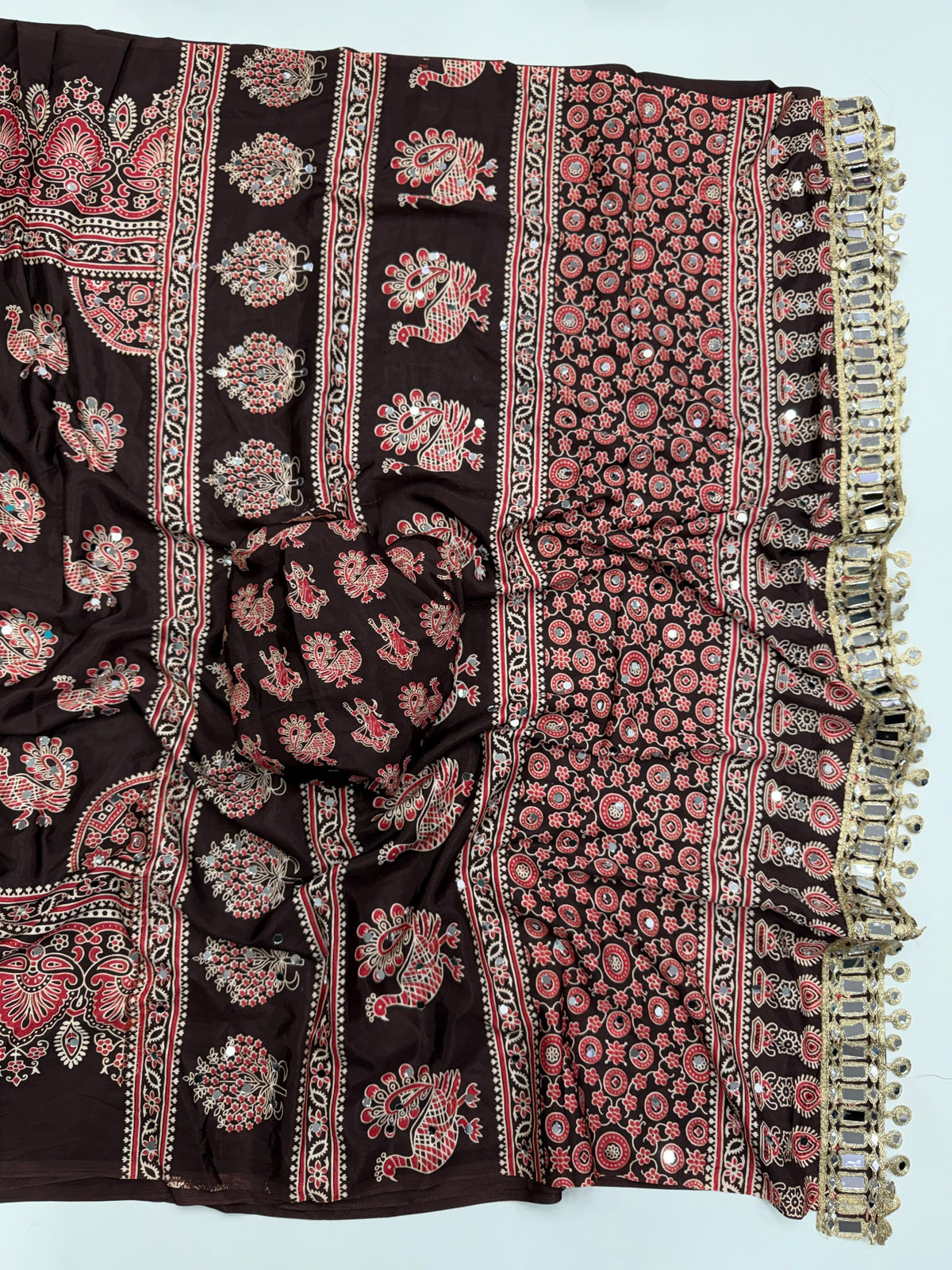 Ajrakh Mirror Saree with Mirror Patta