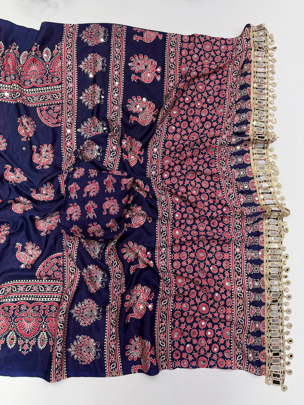Ajrakh Mirror Saree with Mirror Patta