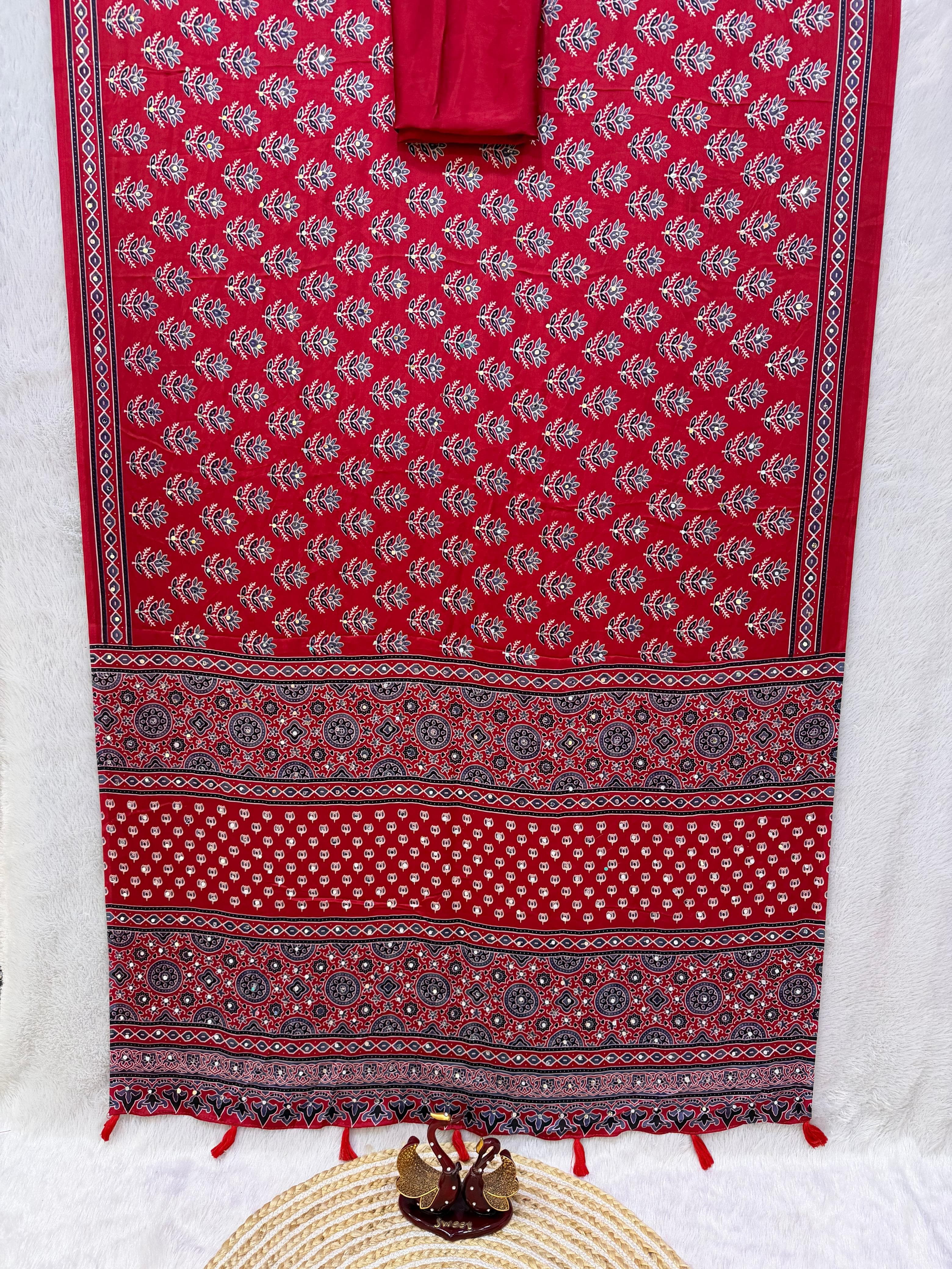 Ajrakh Mirror Work Saree with Real Mirror Work