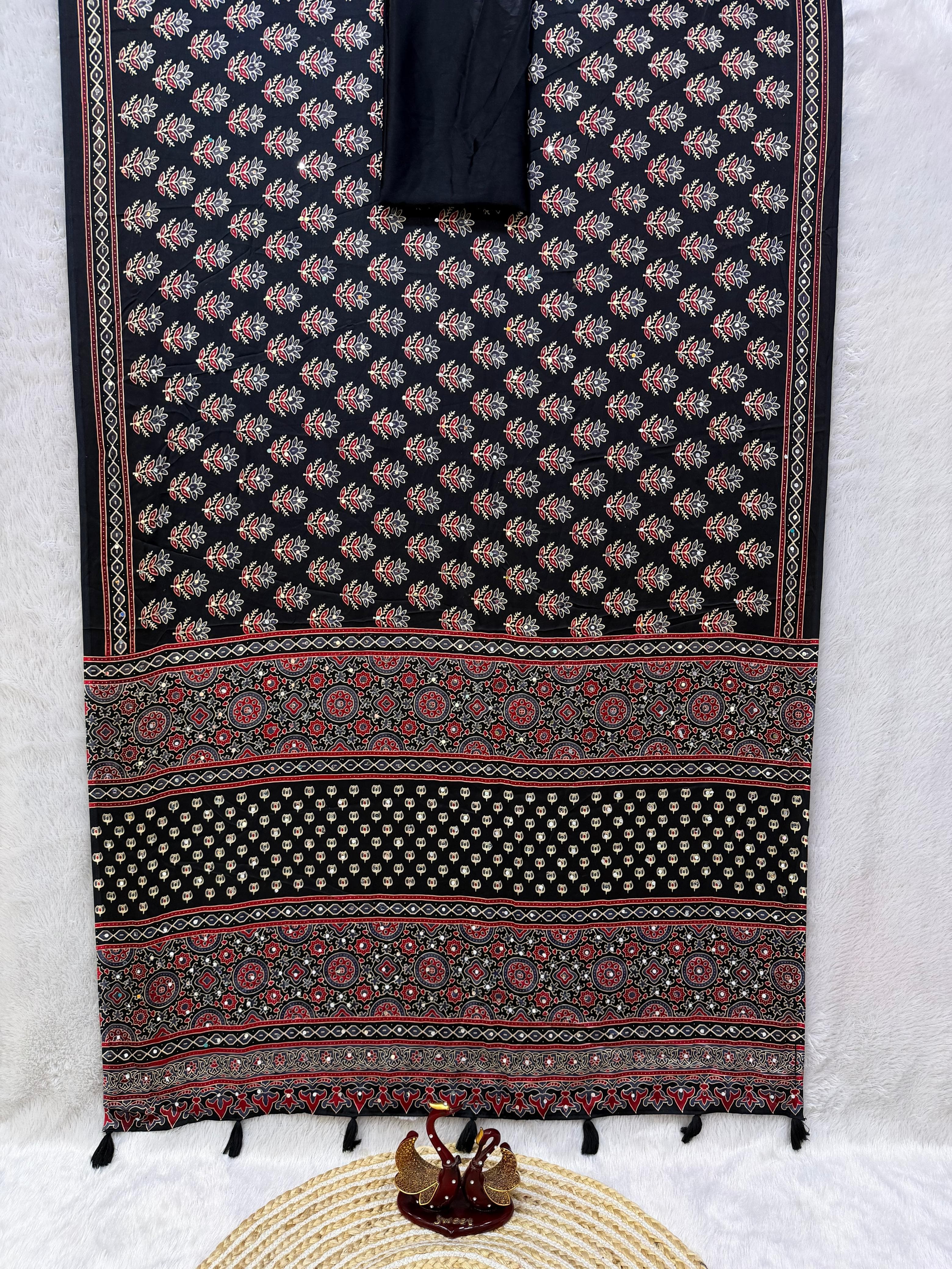 Ajrakh Mirror Work Saree with Real Mirror Work