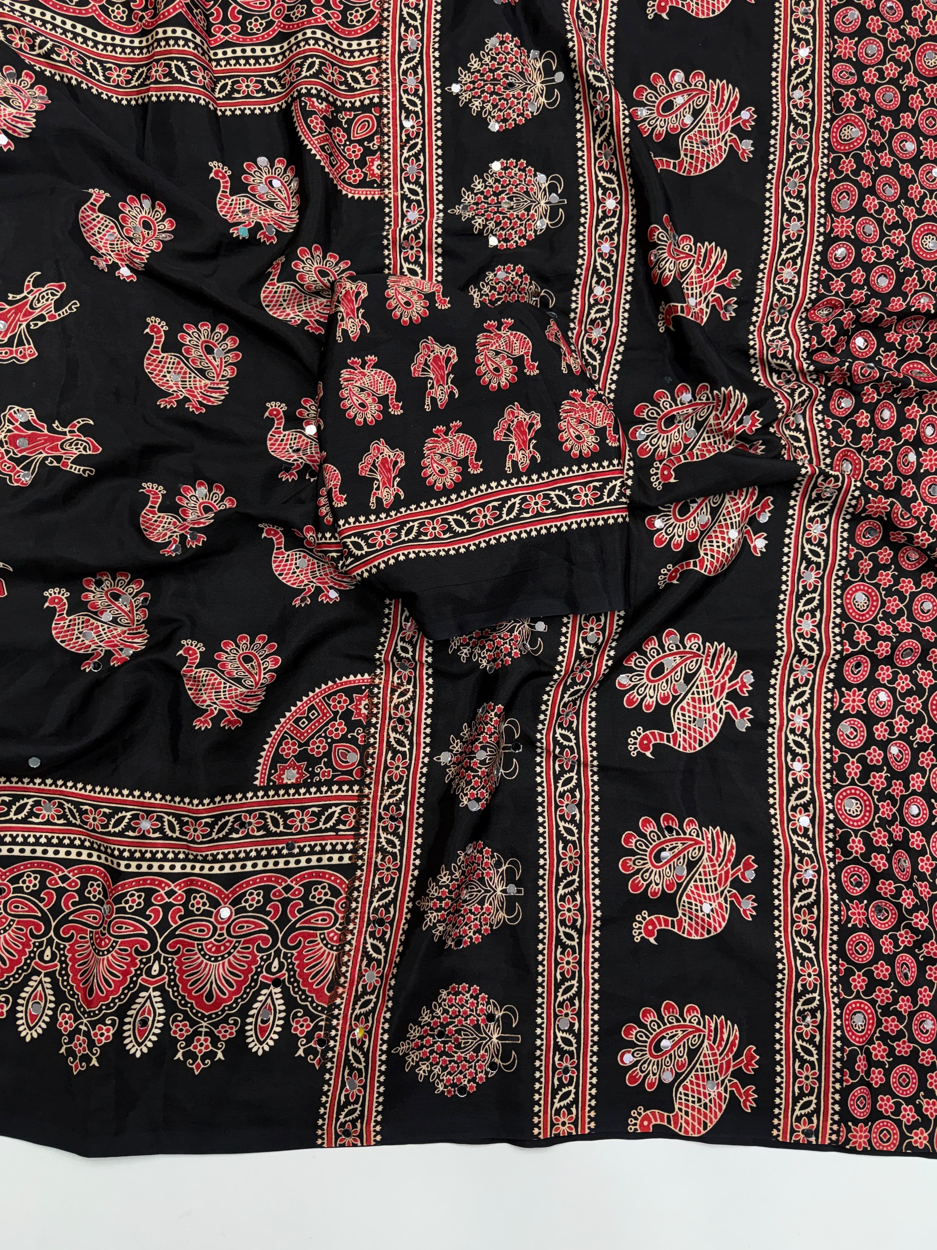 Ajrakh Mirror Saree with Mirror Patta