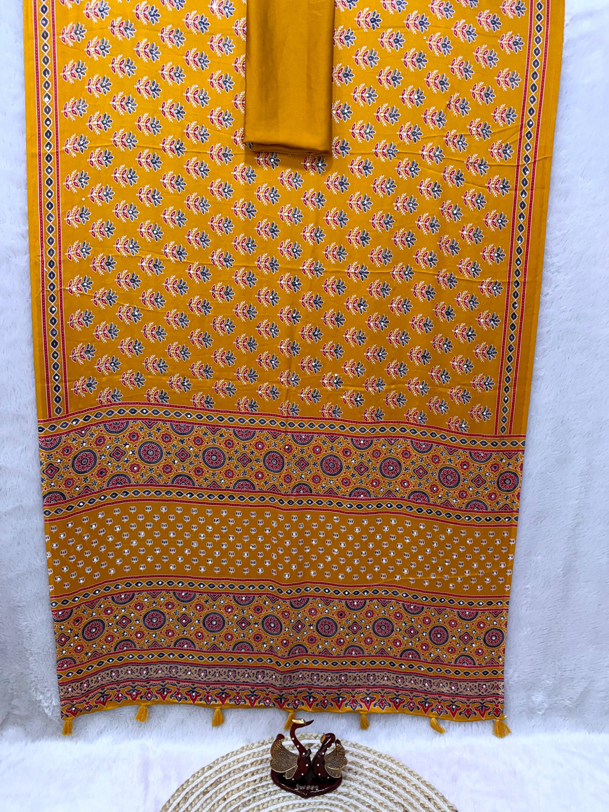 Ajrakh Mirror Work Saree with Real Mirror Work