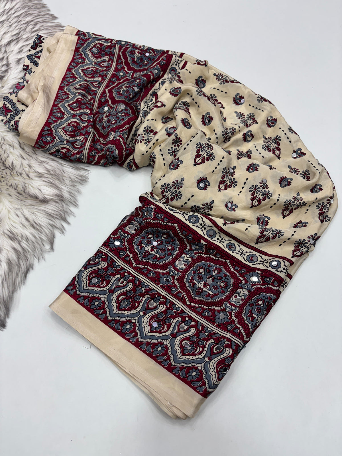 Ajrakh Mirror Saree with Real Mirror Work