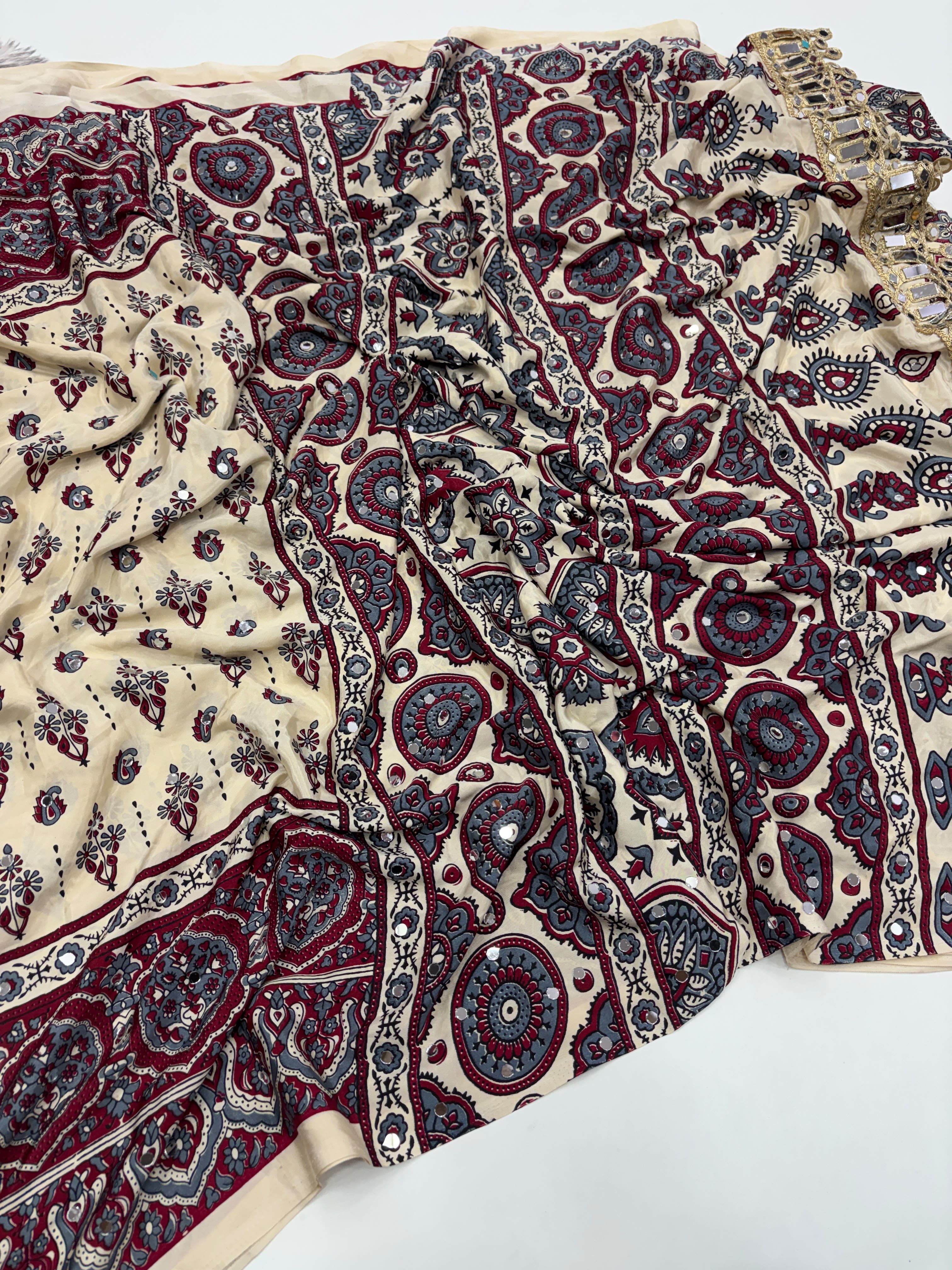 Ajrakh Mirror Saree with Real Mirror Work