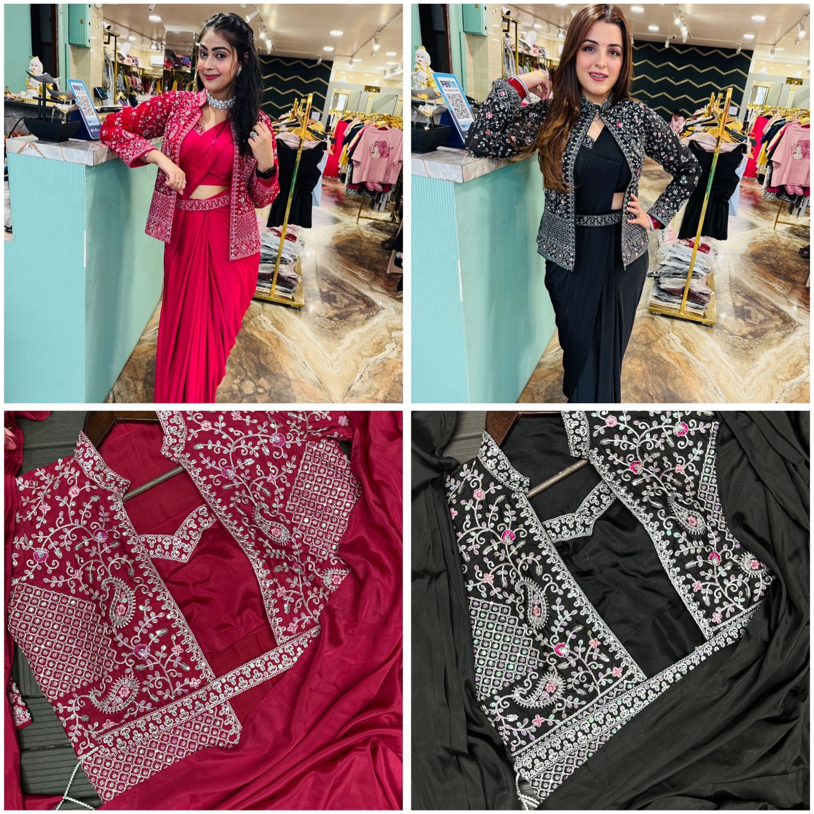 1 Minute Saree Ready To Wear with Full Coat - Heavy Rangoli