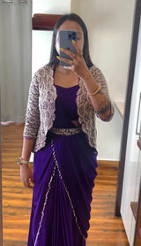 1 Minute Saree - Heavy Chinon with Fancy Moti Lace - Deep Purple