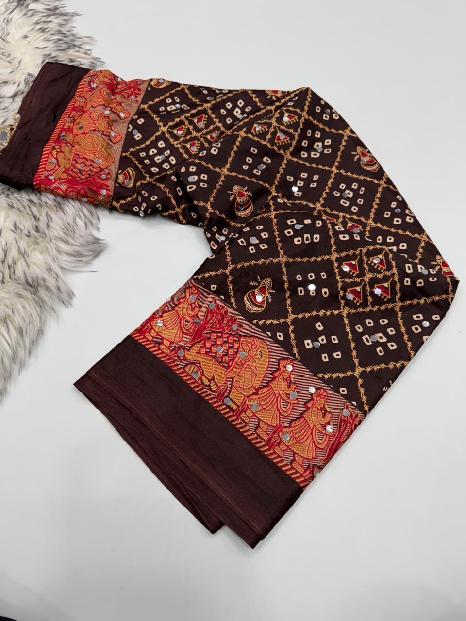 Ajrak satin mirror work saree