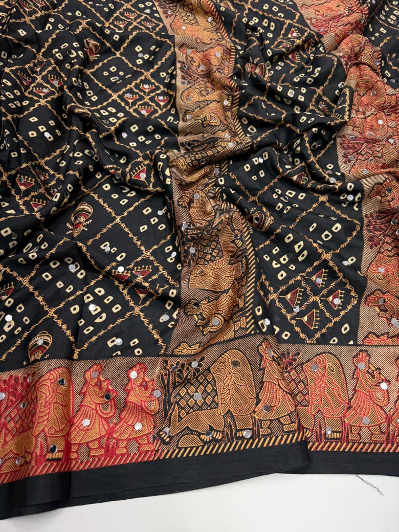 Ajrak satin mirror work saree