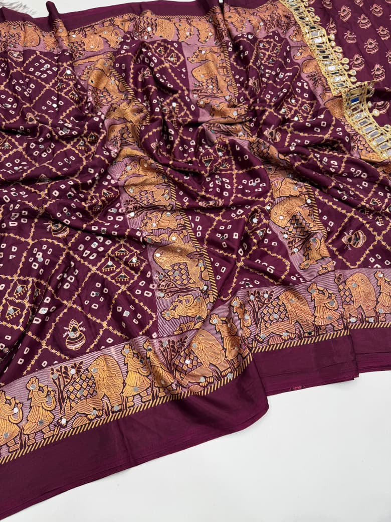 Ajrak satin mirror work saree