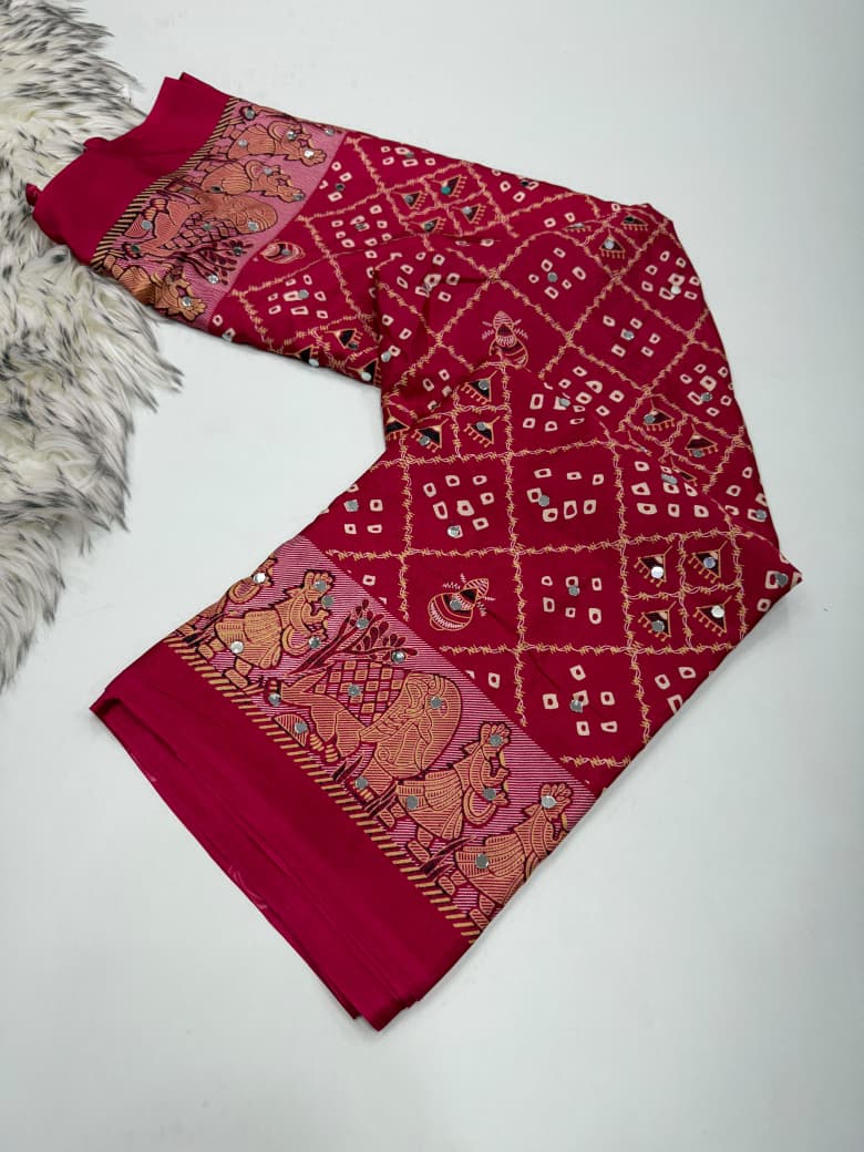 Ajrak satin mirror work saree