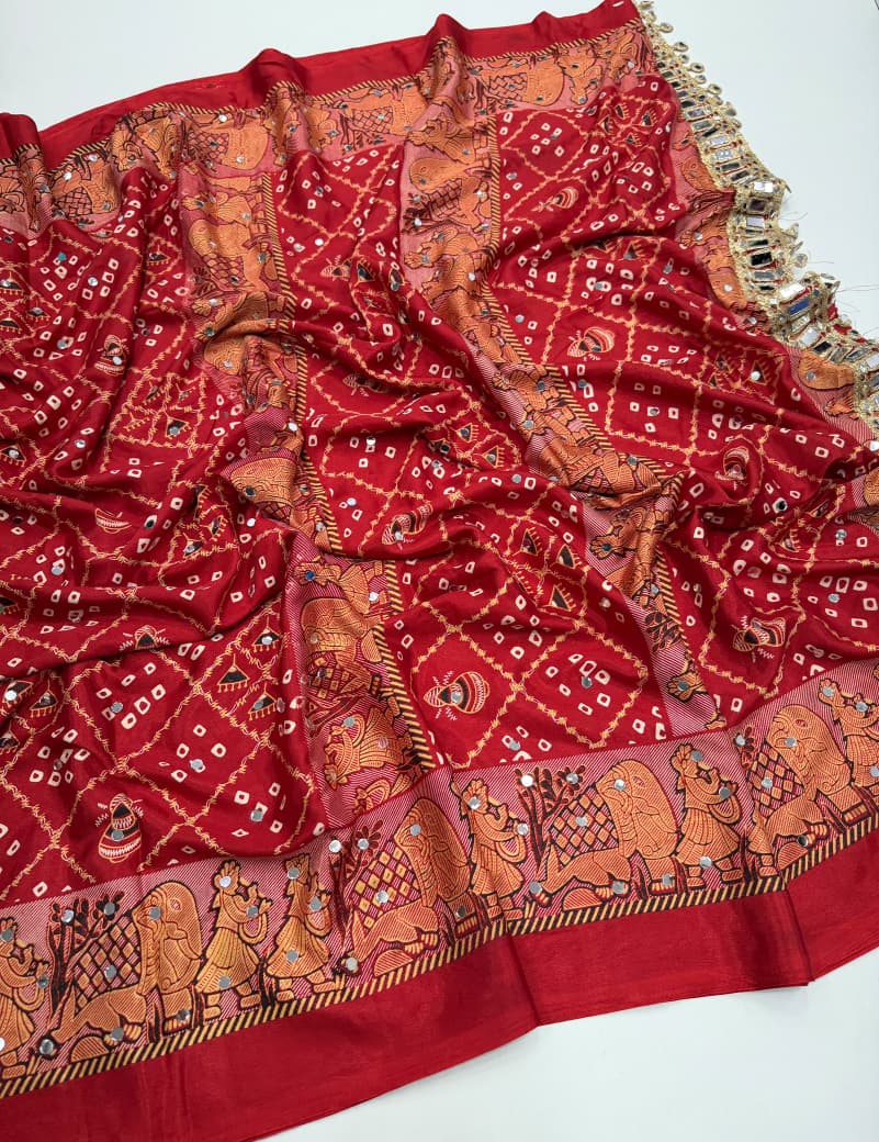Ajrak satin mirror work saree