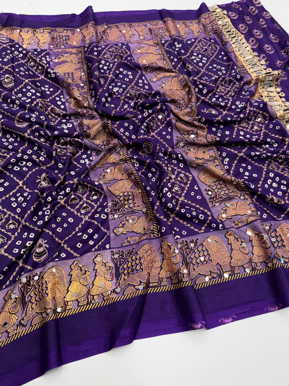 Ajrak satin mirror work saree