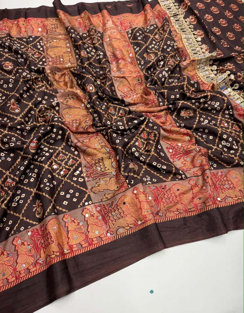 Ajrak satin mirror work saree