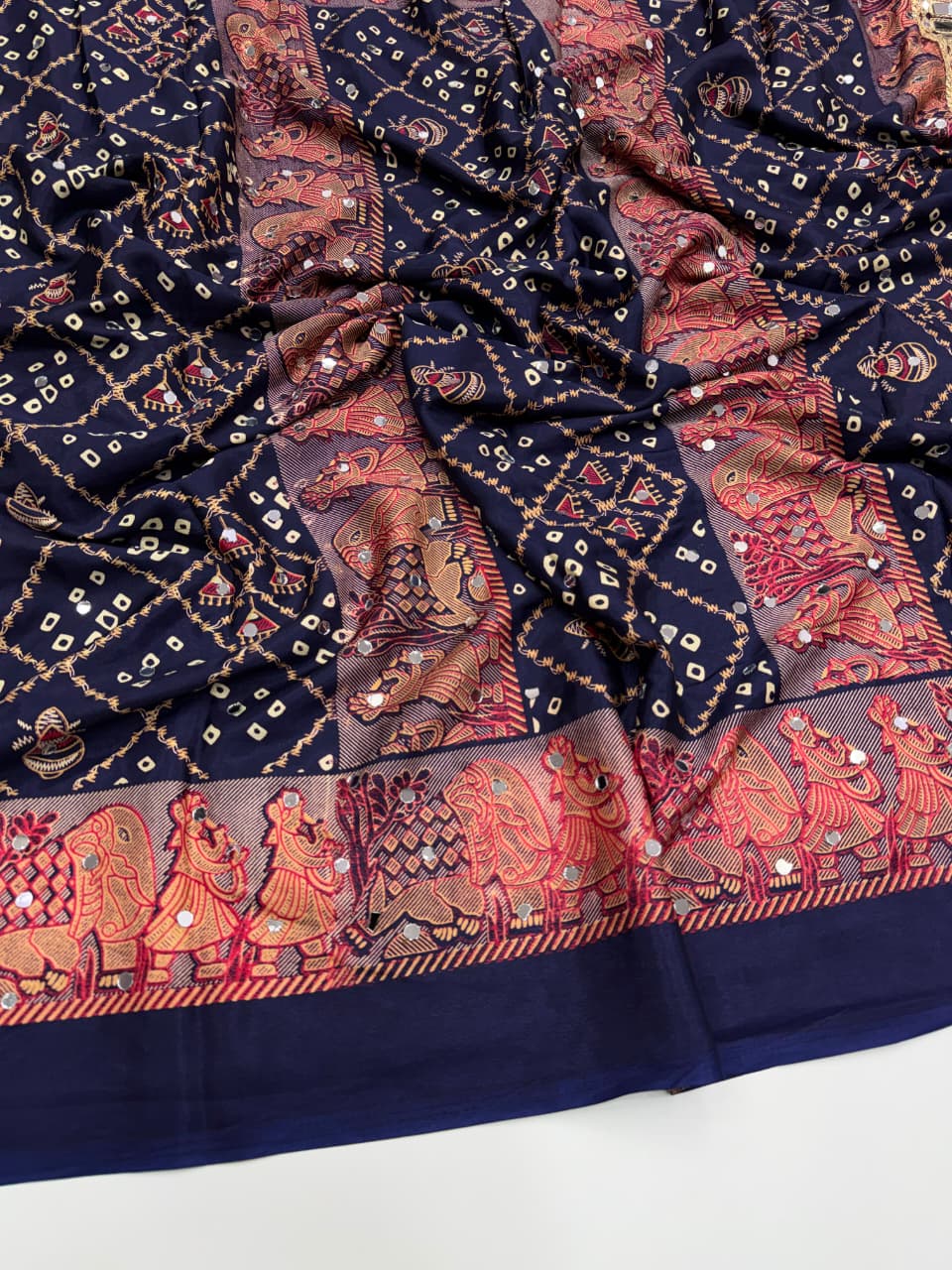 Ajrak satin mirror work saree