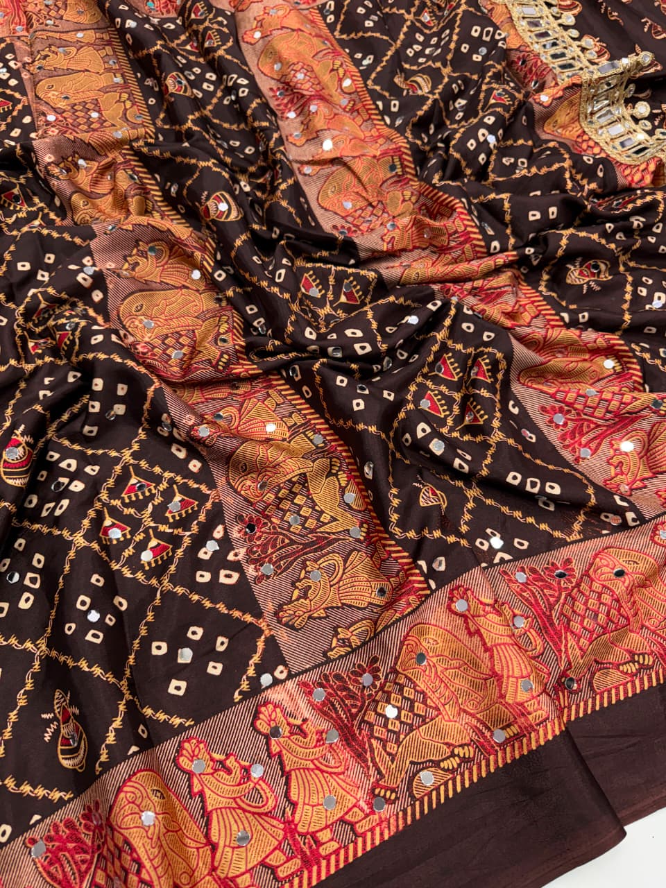 Ajrak satin mirror work saree