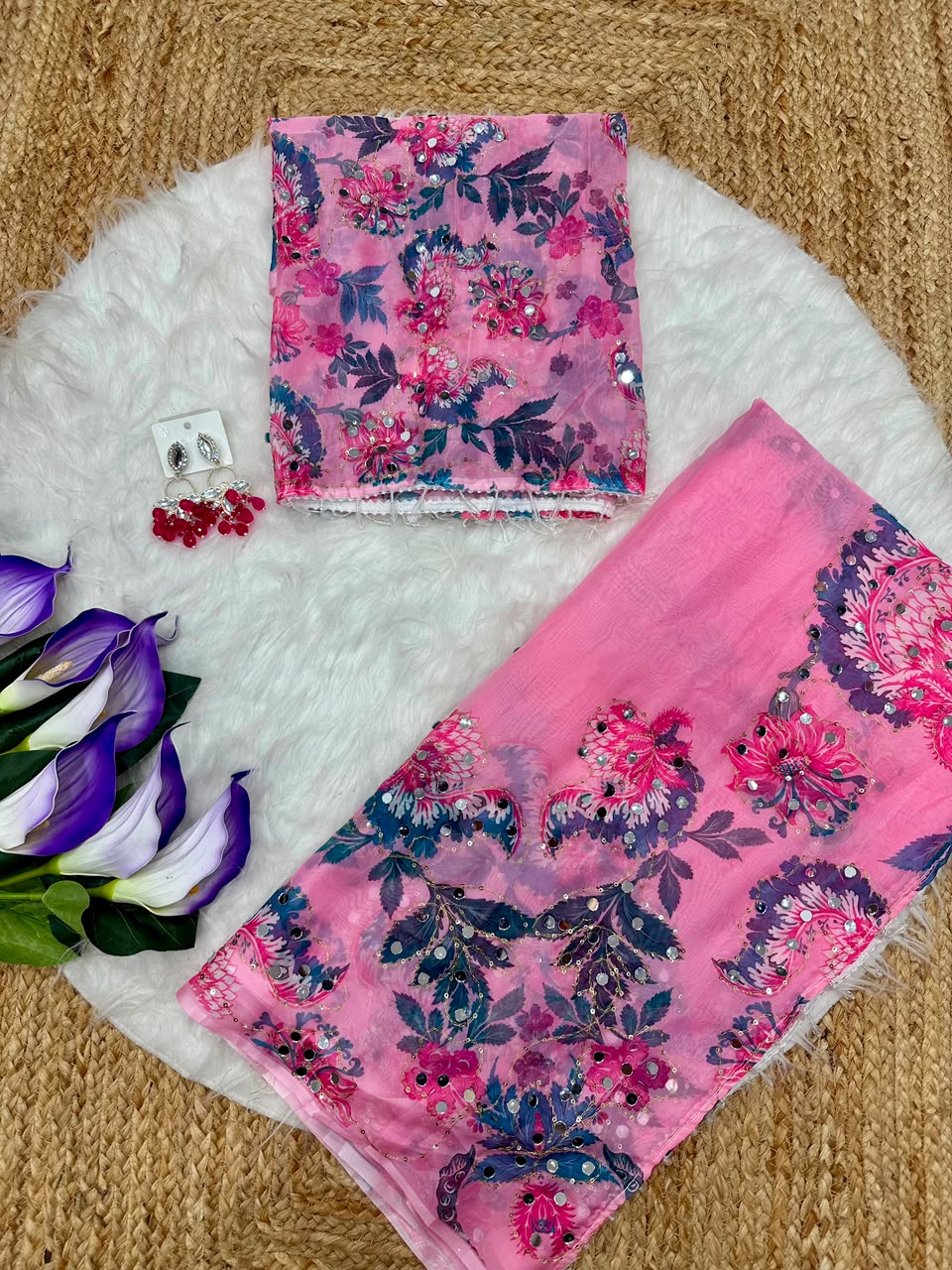 Tabby silk with digital theamwith real mirror work 