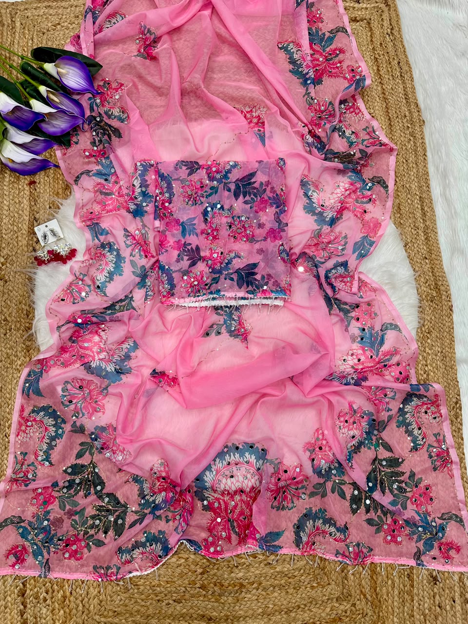Tabby silk with digital theamwith real mirror work 