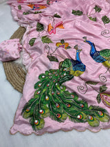 Malai silk with real mirror and hand work with digital peacocks
