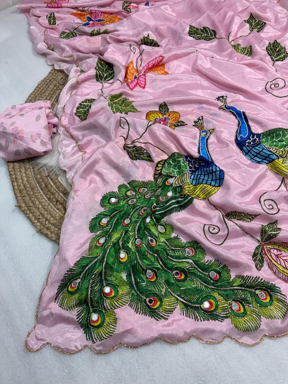Malai silk with real mirror and hand work with digital peacocks