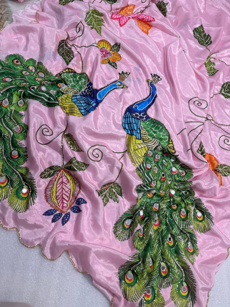 Malai silk with real mirror and hand work with digital peacocks