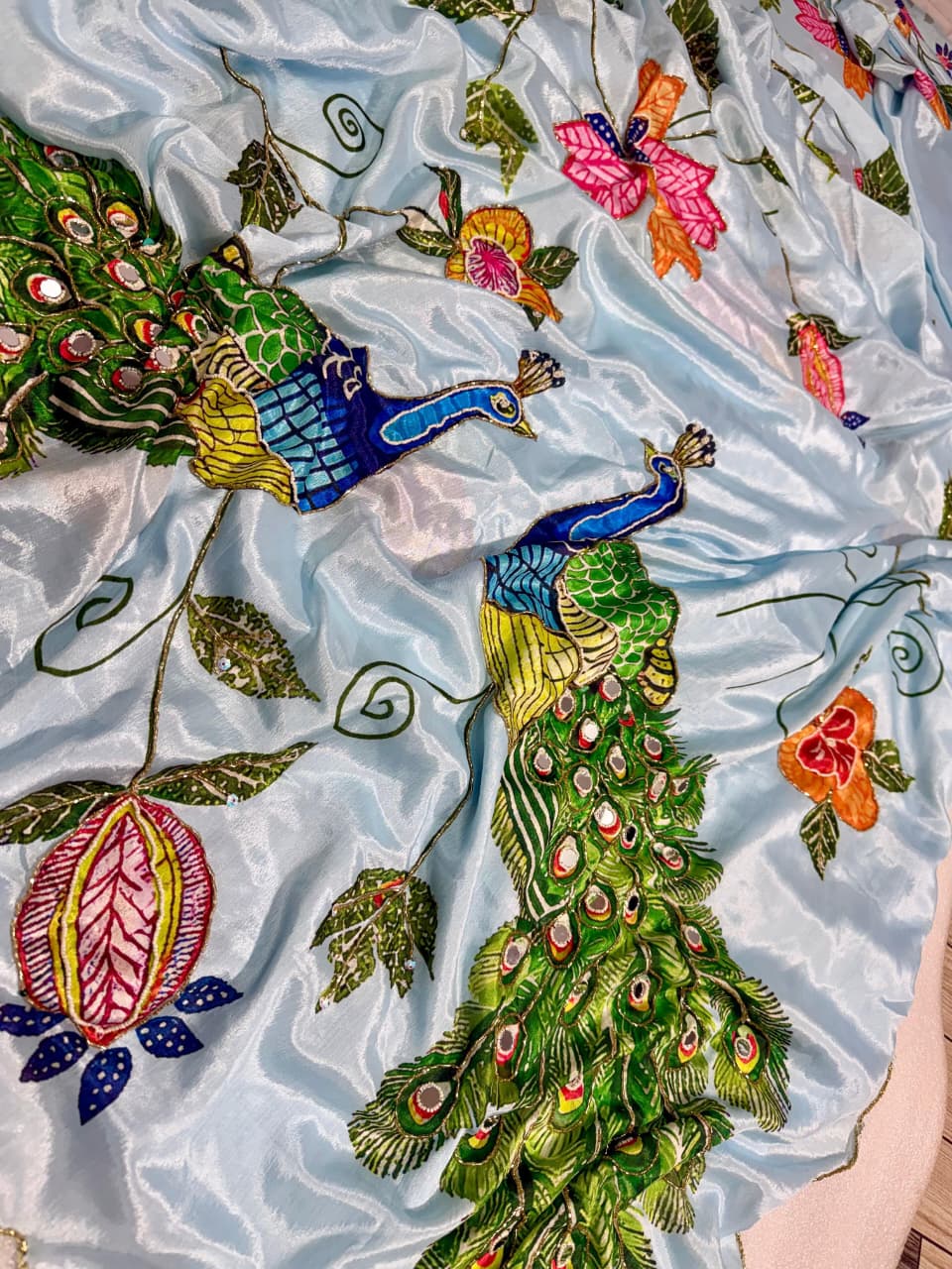 Malai silk with real mirror and hand work with digital peacocks
