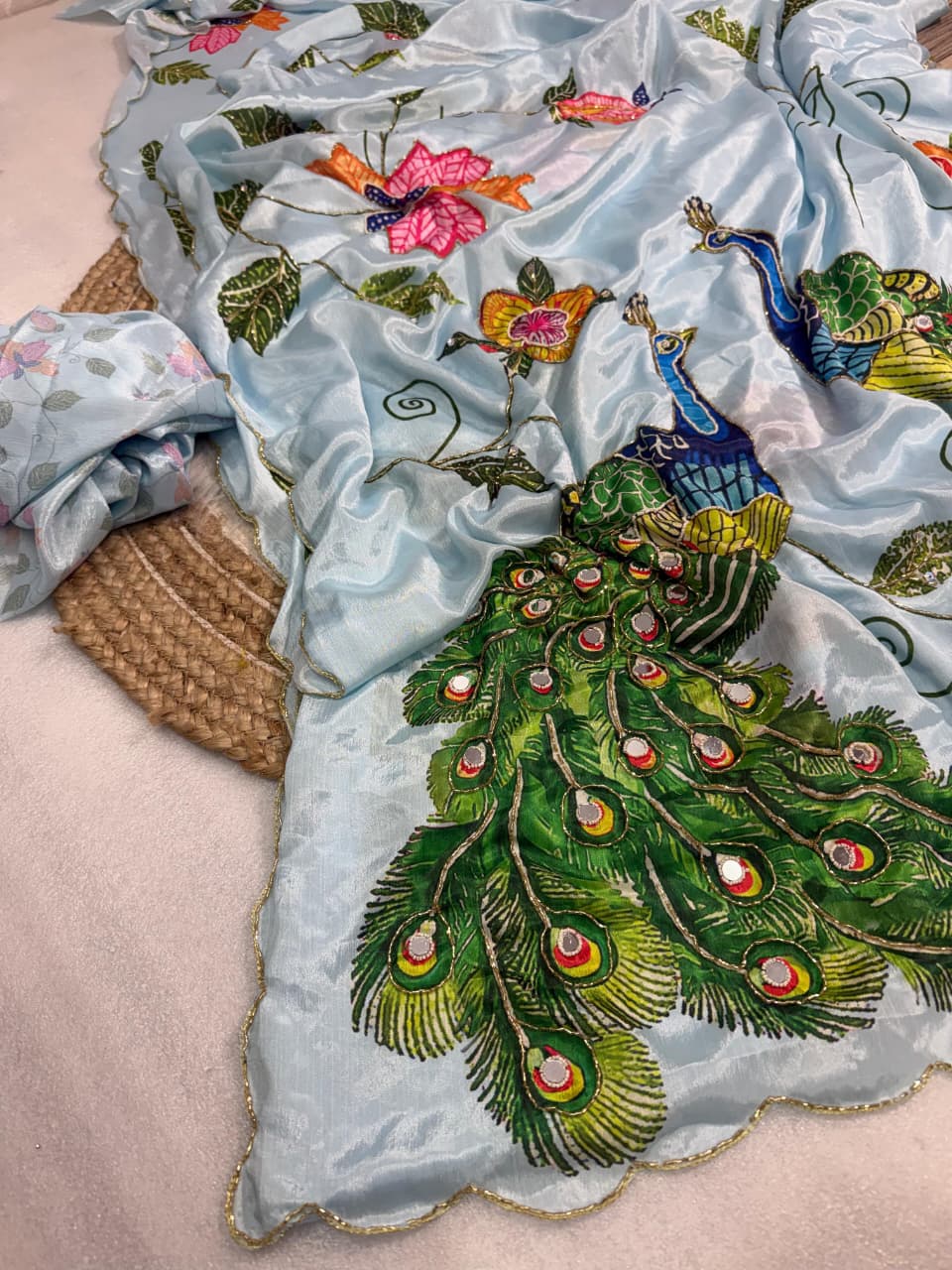 Malai silk with real mirror and hand work with digital peacocks