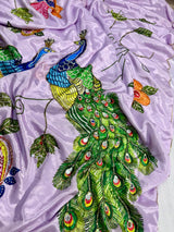 Malai silk with real mirror and hand work with digital peacocks