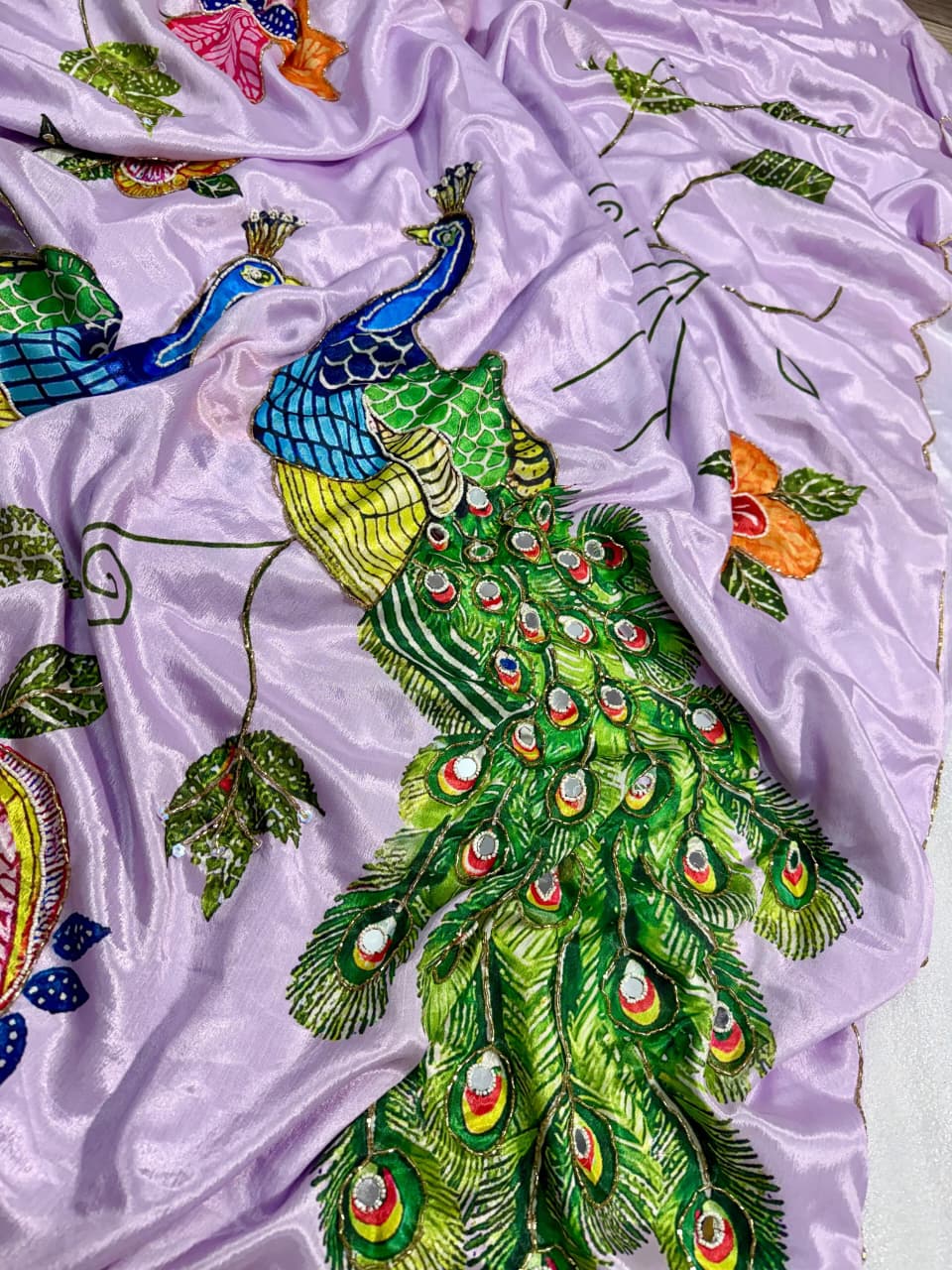 Malai silk with real mirror and hand work with digital peacocks