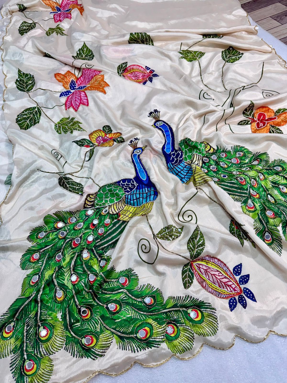 Malai silk with real mirror and hand work with digital peacocks