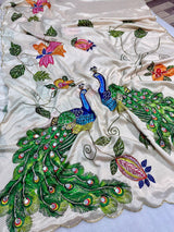 Malai silk with real mirror and hand work with digital peacocks