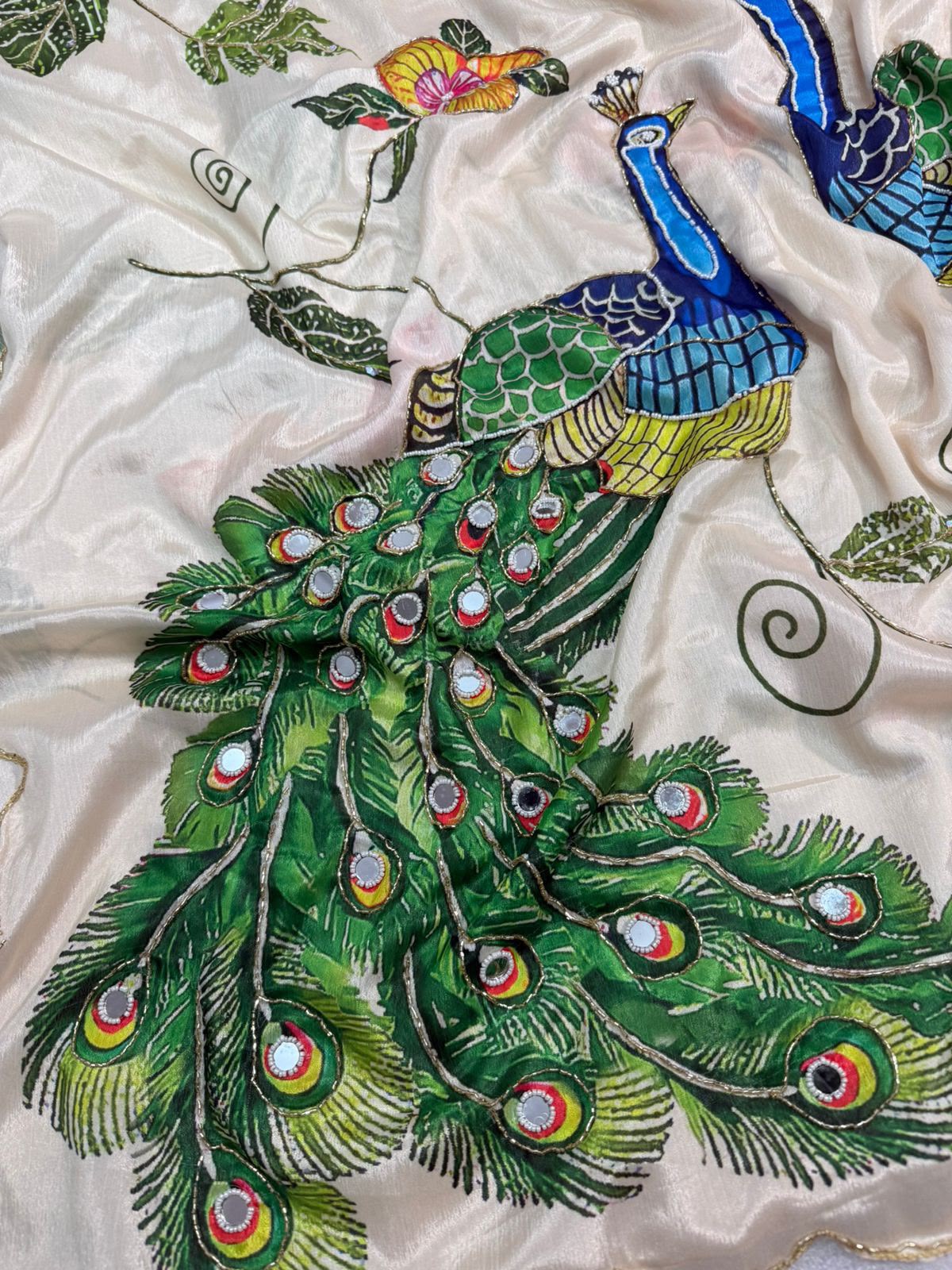 Malai silk with real mirror and hand work with digital peacocks
