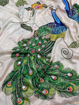 Malai silk with real mirror and hand work with digital peacocks