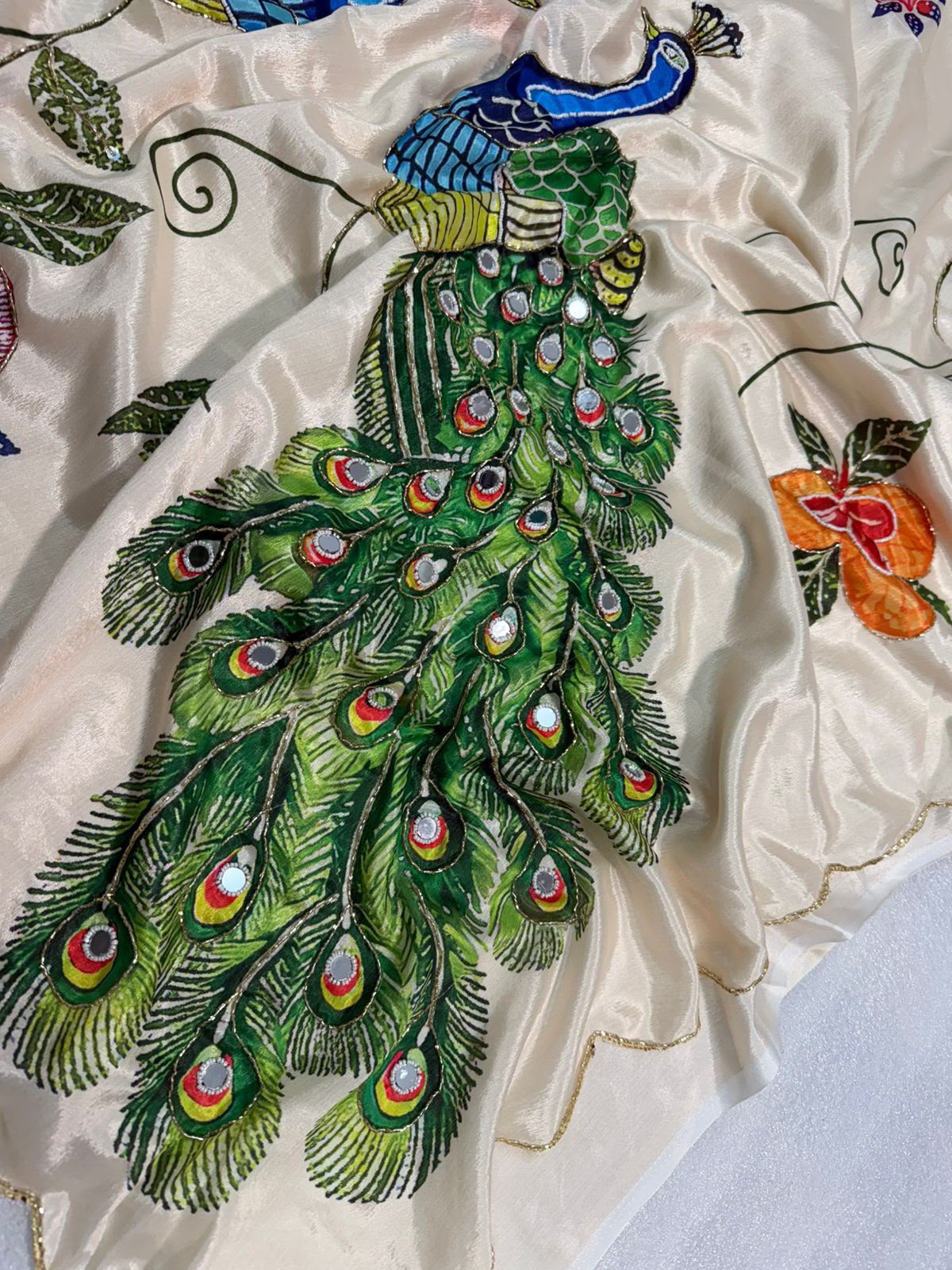 Malai silk with real mirror and hand work with digital peacocks
