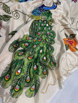 Malai silk with real mirror and hand work with digital peacocks