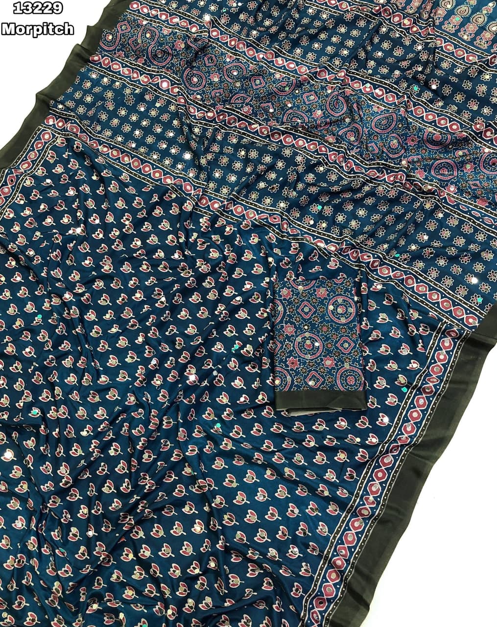 Crepe Silk with Ajrakh Mirror saree