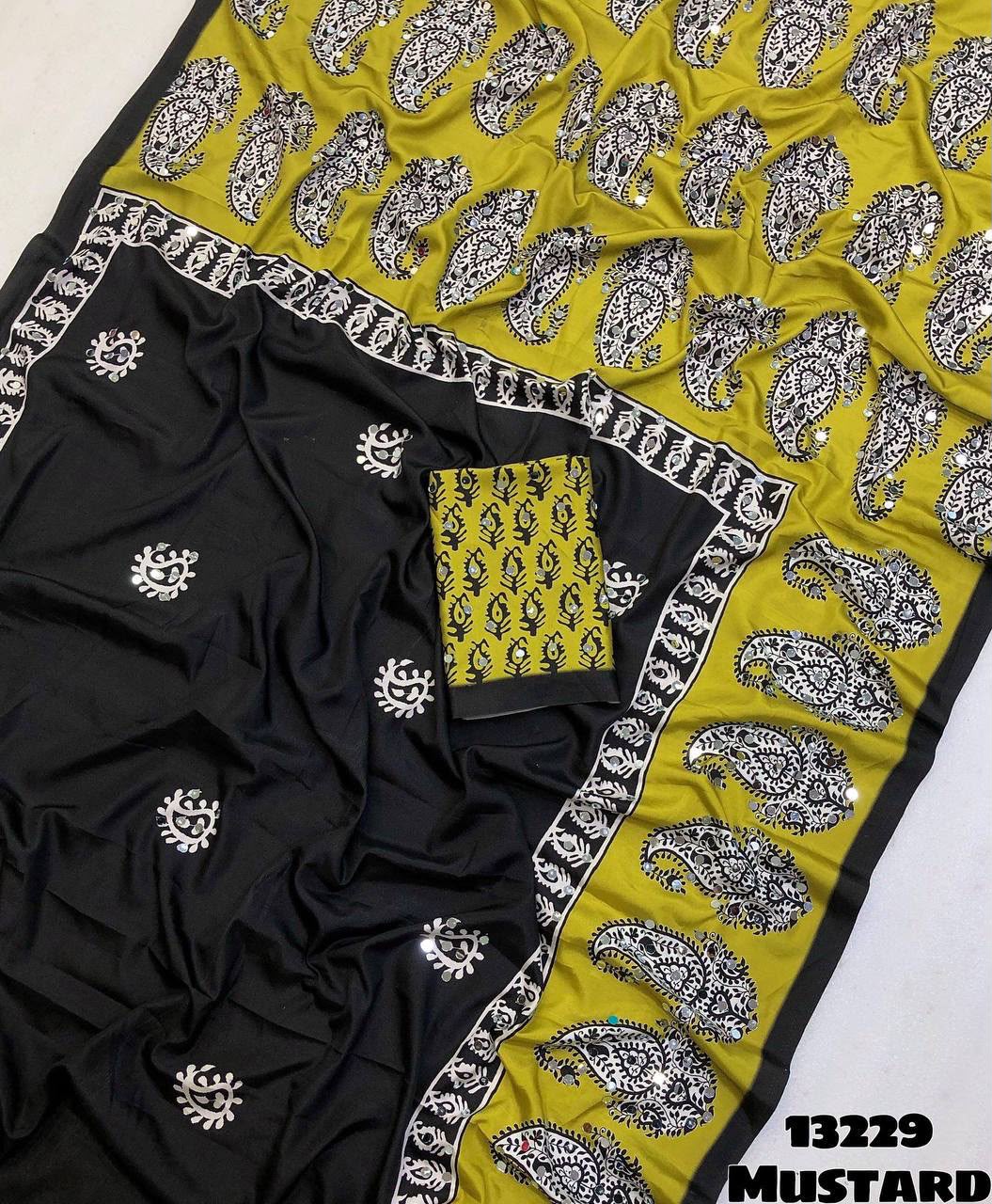 Crepe Silk with Ajrakh Mirror saree