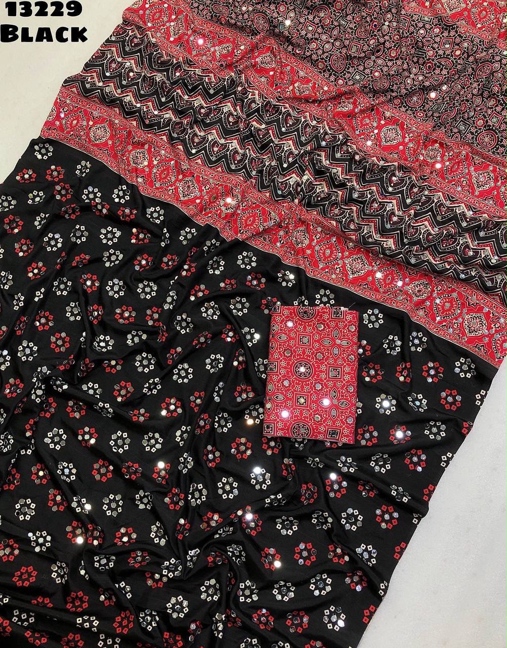 Crepe Silk with Ajrakh Mirror saree