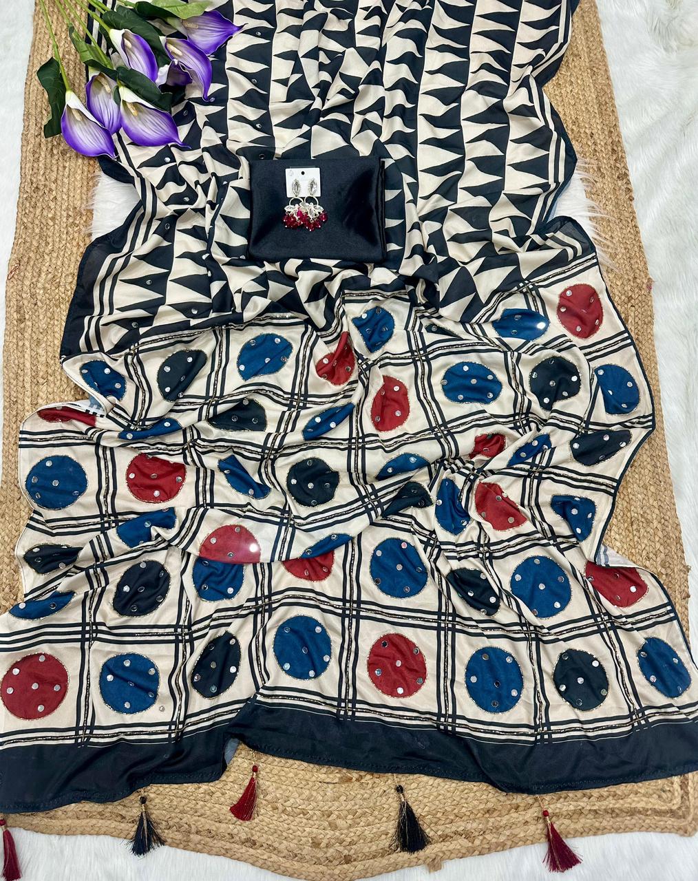 AJRAKH MIRROR premium crepe with saree all over mirror with plain blouse