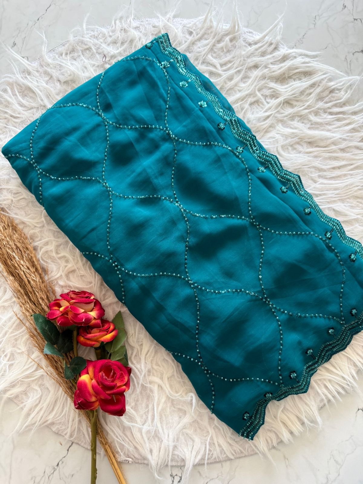 Georgette Handwork saree with beads work all over saree
