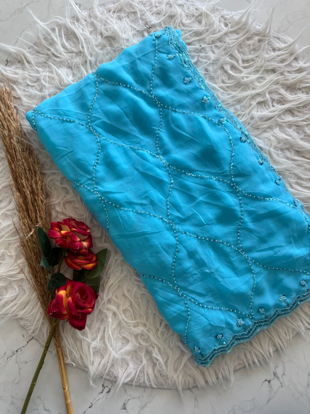 Georgette Handwork saree with beads work all over saree